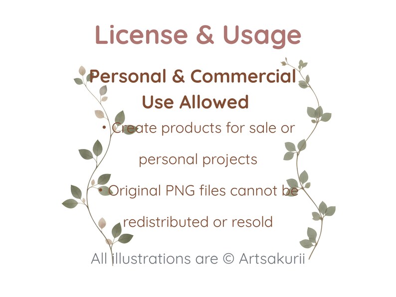 Puede incluir: Un documento digital de licencia y uso con el texto License & Usage, Personal & Commercial Use Allowed, Create products for sale or personal projects, Original PNG files cannot be redistributed or resold, All illustrations are &copy; Artsakurii, enmarcado por dos delicadas ilustraciones de enredaderas verticales con peque&ntilde;as hojas verdes.