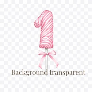 May include: A number one shaped lollipop featuring a pink and white swirled pattern. The candy is attached to a thin white stick, which is decorated with a light pink satin ribbon tied into a bow just below the base of the number one candy.