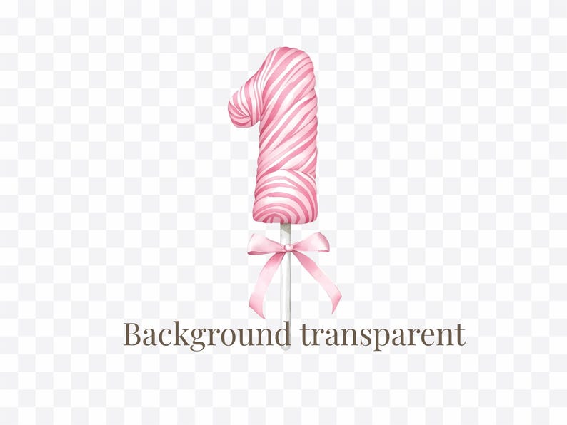 May include: A number one shaped lollipop featuring a pink and white swirled pattern. The candy is attached to a thin white stick, which is decorated with a light pink satin ribbon tied into a bow just below the base of the number one candy.