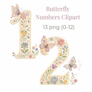 May include: Digital graphic illustration of the numbers 1 and 2, decorated with colorful floral patterns and butterflies. The text Butterfly Numbers Clipart 13 png (0-12) is displayed above the numbers in a light purple font on a white background.