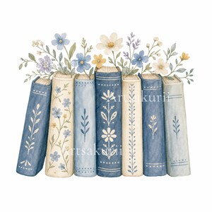 Puede incluir: Una ilustraci&oacute;n en acuarela de siete libros colocados verticalmente en fila, con tonos azules y crema y motivos florales en los lomos. Delicadas flores silvestres azules, blancas y amarillas emergen de la parte superior de los lomos.