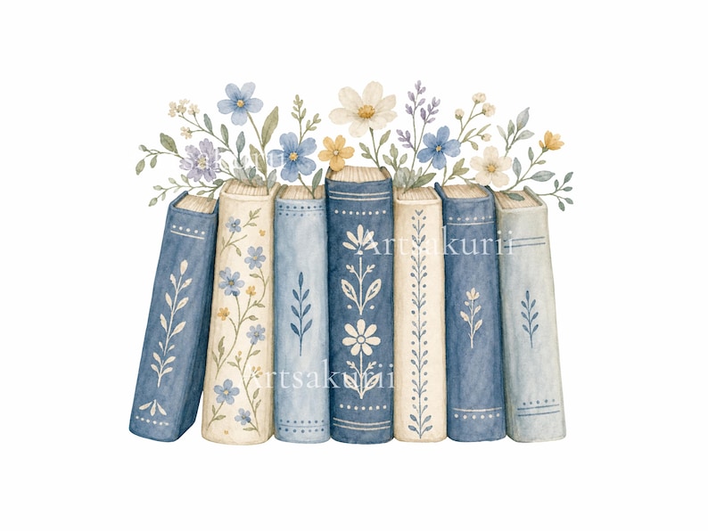 Puede incluir: Una ilustraci&oacute;n en acuarela de siete libros colocados verticalmente en fila, con tonos azules y crema y motivos florales en los lomos. Delicadas flores silvestres azules, blancas y amarillas emergen de la parte superior de los lomos.
