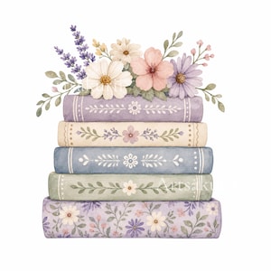 Puede incluir: Una pila de cinco libros en tonos pastel de morado, crema, azul y verde, decorados con motivos florales. El libro superior est&aacute; coronado con un arreglo de acuarela de lavanda, margaritas blancas, flores rosas y follaje verde.