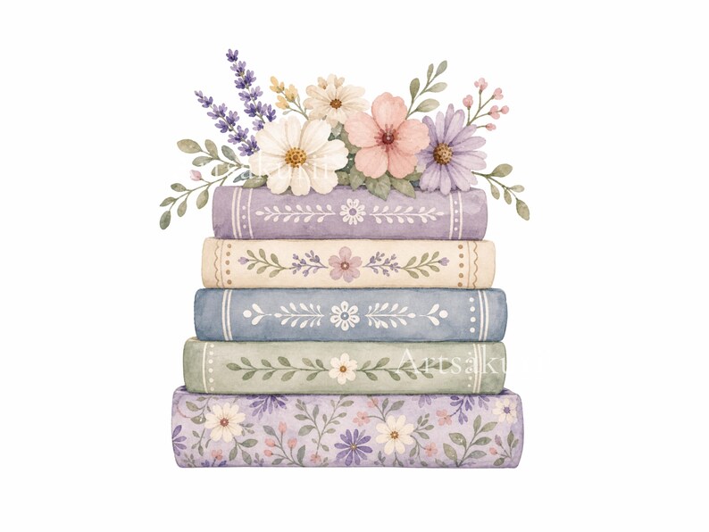 Puede incluir: Una pila de cinco libros en tonos pastel de morado, crema, azul y verde, decorados con motivos florales. El libro superior est&aacute; coronado con un arreglo de acuarela de lavanda, margaritas blancas, flores rosas y follaje verde.