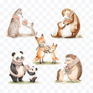 May include: Watercolor illustrations of various animals, including a wolf, otter, fox, panda, and hedgehog, each wearing glasses and scarves. The animals are depicted giving bouquets of flowers to smaller versions of themselves, creating a heartwarming scene.