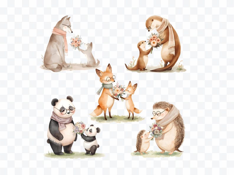 May include: Watercolor illustrations of various animals, including a wolf, otter, fox, panda, and hedgehog, each wearing glasses and scarves. The animals are depicted giving bouquets of flowers to smaller versions of themselves, creating a heartwarming scene.