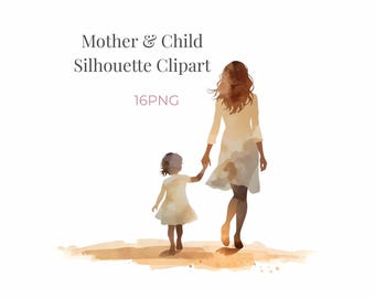 Mother and Child Silhouette Clipart Set, Watercolor Digital PNG, Mother's Day Illustration for Cards & Crafts 16 PNG