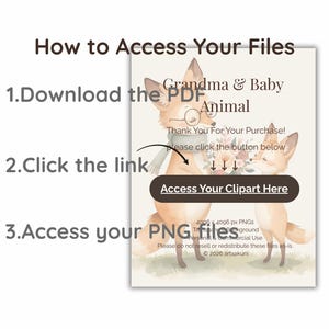 May include: A digital art print featuring two foxes, one wearing glasses and a scarf, holding flowers. Text includes "Grandma & Baby Animal" and instructions to access files. The image also says "Access Your Clipart Here".