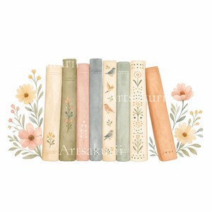 Puede incluir: Una fila de siete libros verticales en tonos apagados de crema, verde salvia, rosa empolvado, azul pizarra y naranja. Los lomos presentan delicadas ilustraciones de p&aacute;jaros peque&ntilde;os, motivos florales y l&iacute;neas simples, flanqueados por flores silvestres.