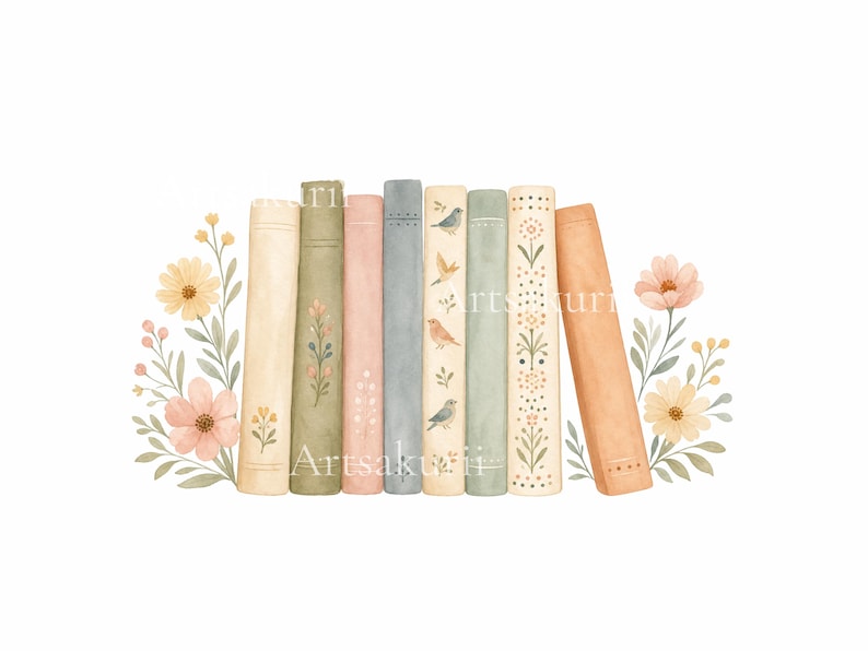 Puede incluir: Una fila de siete libros verticales en tonos apagados de crema, verde salvia, rosa empolvado, azul pizarra y naranja. Los lomos presentan delicadas ilustraciones de p&aacute;jaros peque&ntilde;os, motivos florales y l&iacute;neas simples, flanqueados por flores silvestres.