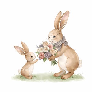 May include: Watercolor illustration of two rabbits. One rabbit, wearing glasses and a scarf, holds a bouquet of flowers. The other rabbit reaches out to receive the flowers. The image is set on a grassy area with a white background.