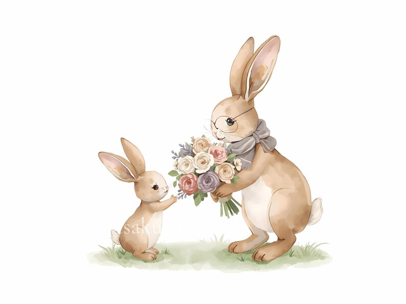 May include: Watercolor illustration of two rabbits. One rabbit, wearing glasses and a scarf, holds a bouquet of flowers. The other rabbit reaches out to receive the flowers. The image is set on a grassy area with a white background.