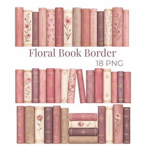 May include: A collection of digital book illustrations arranged in rows, featuring various shades of pink, cream, and mauve. The books display floral patterns, gold foil accents, and text including Floral Book Border, 18 PNG, and Rose Garden.