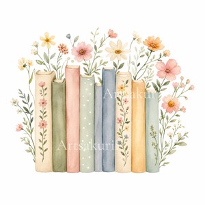Puede incluir: Una ilustraci&oacute;n en acuarela de una fila de libros en varios colores pastel, incluyendo crema, verde, rosa, azul y amarillo. Algunos lomos de libros presentan patrones florales o lunares blancos. Flores silvestres emergen detr&aacute;s de los libros.