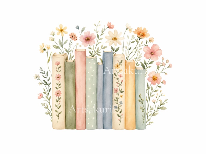 Puede incluir: Una ilustraci&oacute;n en acuarela de una fila de libros en varios colores pastel, incluyendo crema, verde, rosa, azul y amarillo. Algunos lomos de libros presentan patrones florales o lunares blancos. Flores silvestres emergen detr&aacute;s de los libros.