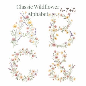 Aquarell-Cliparts des Alphabets aus Wildblumen (A-Z+&) | Klassische Wildblumen, Cottagecore-Stil und botanische Schriftzüge – perfekt für Grußkarten und Namensplakate – 27 PNG-Bilder