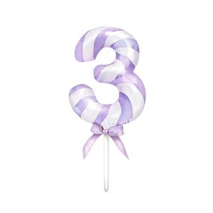 May include: A number three cake topper featuring a swirled pattern of light purple and white stripes. The numeral is attached to a thin white stick and is decorated with a small, light purple ribbon bow tied at the base of the number.