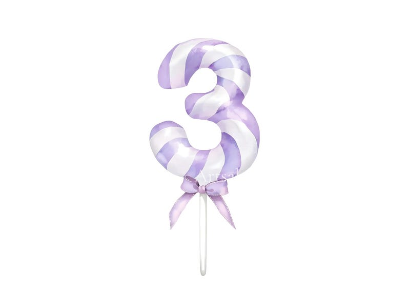 May include: A number three cake topper featuring a swirled pattern of light purple and white stripes. The numeral is attached to a thin white stick and is decorated with a small, light purple ribbon bow tied at the base of the number.
