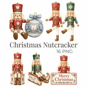 Christmas Nutcracker Clipart PNG, Scandinavian Folk Art Watercolor, 16 Designs for Cards & Journaling