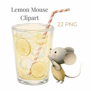 Mouse Lemon Clipart PNG Set, Storybook Nursery Mouse Illustrations, Lemon Summer Clipart, Baby Shower Graphics, 22 PNG