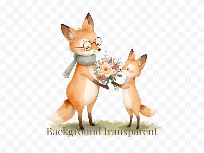 May include: Watercolor illustration of two foxes. One fox, wearing glasses and a scarf, holds a bouquet of flowers. The other fox is sniffing the flowers. The text "Background transparent" is at the bottom.