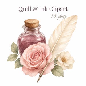 Può includere: Un'illustrazione ad acquerello che raffigura un calamaio in vetro con tappo di sughero, una grande penna d'oca color crema e rose rosa con foglie verdi. Il testo "Quill & Ink Clipart 15 png" è visualizzato nella parte superiore del design.