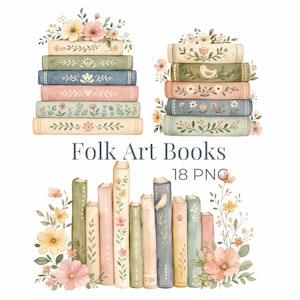 Puede incluir: Una colecci&oacute;n de ilustraciones en acuarela que muestran pilas y filas de libros decorados con motivos florales, p&aacute;jaros y follaje en colores pastel suaves. El texto "Folk Art Books 18 PNG" est&aacute; centrado en el medio de la imagen.