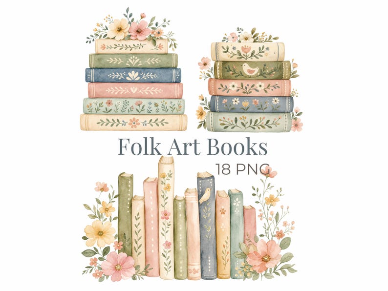 Puede incluir: Una colecci&oacute;n de ilustraciones en acuarela que muestran pilas y filas de libros decorados con motivos florales, p&aacute;jaros y follaje en colores pastel suaves. El texto "Folk Art Books 18 PNG" est&aacute; centrado en el medio de la imagen.
