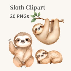 Puede incluir: Ilustración en acuarela de tres perezosos adorables en varias poses. Uno cuelga de una rama, otro saluda y el tercero está acostado. La imagen incluye el texto "Sloth Clipart" y "20 PNGs".