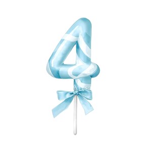 May include: A number four cake topper featuring a glossy light blue and white swirled pattern. The numeral is attached to a thin white stick and is decorated with a light blue satin ribbon tied in a bow at the base of the number four shape.