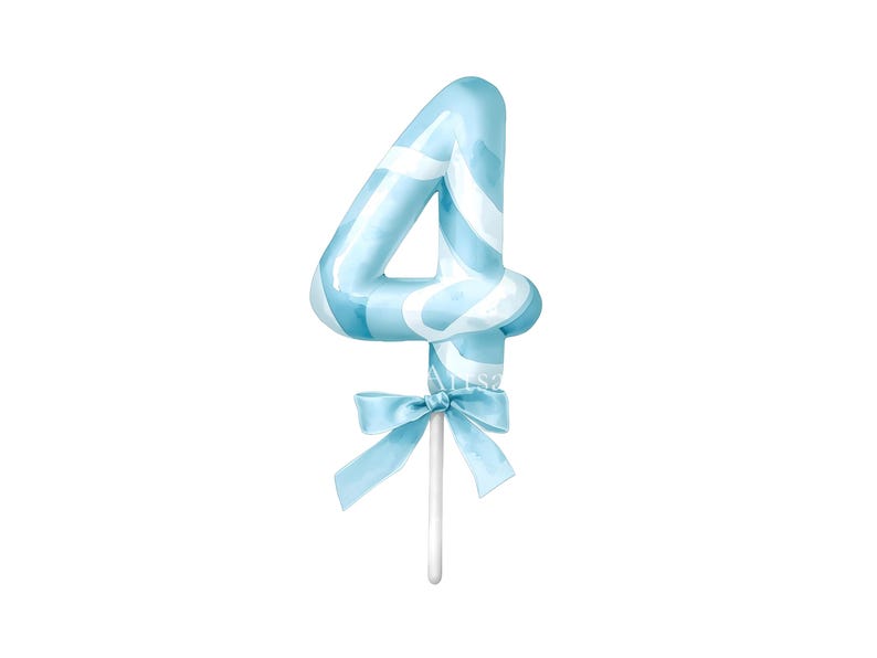 May include: A number four cake topper featuring a glossy light blue and white swirled pattern. The numeral is attached to a thin white stick and is decorated with a light blue satin ribbon tied in a bow at the base of the number four shape.