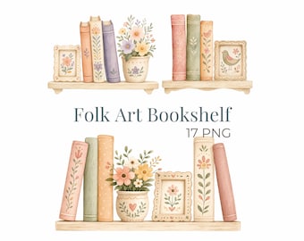 Puede incluir: Una colección digital titulada Folk Art Bookshelf 17 PNG que presenta ilustraciones en acuarela de tres estantes de madera. Cada estante muestra libros de colores pastel con patrones florales, arreglos de flores en macetas y arte enmarcado.