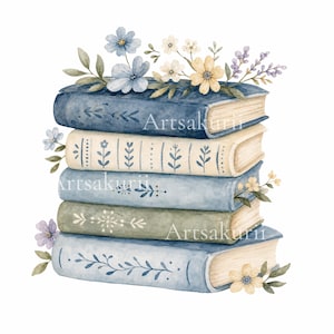 Puede incluir: Una pila de cinco libros en tonos azul, crema y verde salvia, decorados con delicados patrones florales en los lomos. Los libros est&aacute;n coronados y rodeados por ilustraciones en acuarela de flores azules, amarillas y blancas y hojas verdes.
