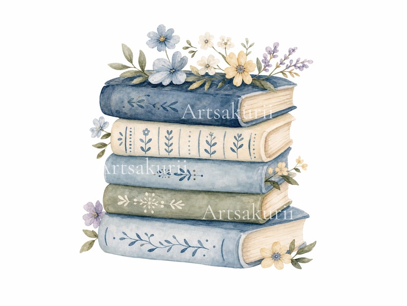 Puede incluir: Una pila de cinco libros en tonos azul, crema y verde salvia, decorados con delicados patrones florales en los lomos. Los libros est&aacute;n coronados y rodeados por ilustraciones en acuarela de flores azules, amarillas y blancas y hojas verdes.