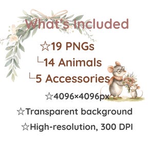 May include: Digital art bundle with the text "What's Included". The image features a watercolor illustration of two mice, one wearing glasses and holding flowers. Includes 19 PNGs, 14 animals, and 5 accessories. The image has a transparent background and is high-resolution at 300 DPI.