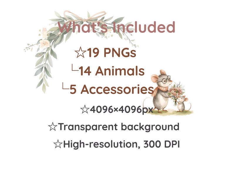May include: Digital art bundle with the text "What's Included". The image features a watercolor illustration of two mice, one wearing glasses and holding flowers. Includes 19 PNGs, 14 animals, and 5 accessories. The image has a transparent background and is high-resolution at 300 DPI.