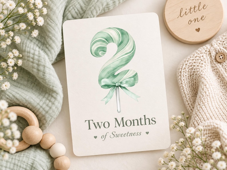May include: A rectangular milestone card featuring a watercolor illustration of a sage green and white swirled lollipop shaped like the number two, tied with a matching ribbon. The text reads Two Months of Sweetness with small heart icons.
