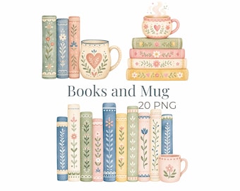 Puede incluir: Una colección de ilustraciones en acuarela que muestran pilas de libros y tazas de cerámica decoradas con motivos florales y corazones. El texto Books and Mug 20 PNG está centrado entre los dos grupos de ilustraciones de libros y tazas.
