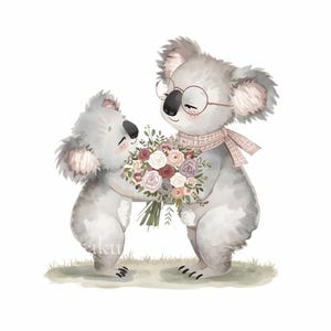May include: Watercolor illustration of two koalas. One koala wears glasses and a scarf, holding a bouquet of flowers. The other koala is embracing the first, also holding the bouquet. The image has a soft, pastel color palette and is set against a white background.
