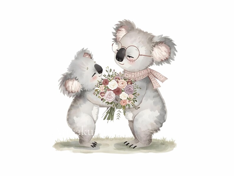 May include: Watercolor illustration of two koalas. One koala wears glasses and a scarf, holding a bouquet of flowers. The other koala is embracing the first, also holding the bouquet. The image has a soft, pastel color palette and is set against a white background.