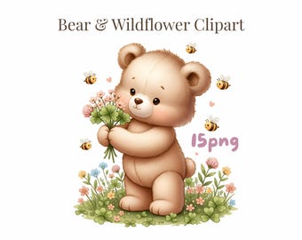 Pastel Watercolor Bear & Wildflower Clipart – Cute Bear PNG illustrations for Nursery, Scrapbook,Digital Crafts.