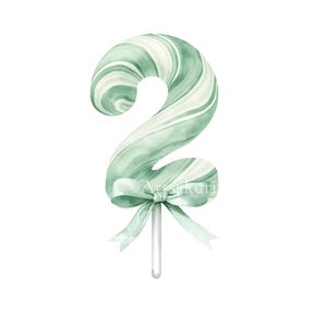May include: A number two shaped lollipop decoration featuring a sage green and white marbled swirl pattern. The base of the number is adorned with a matching sage green ribbon tied in a bow, attached to a thin white stick extending downward.