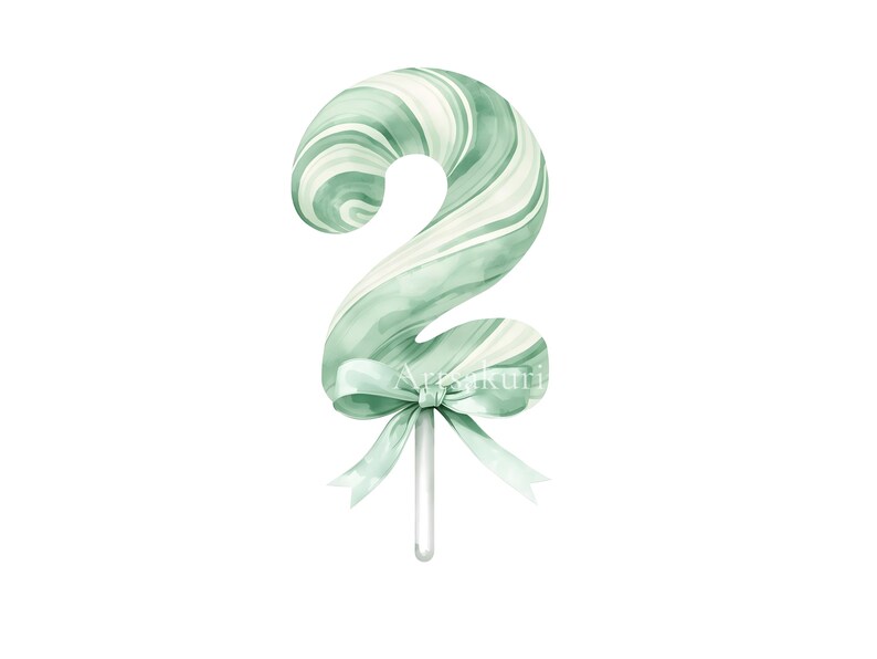 May include: A number two shaped lollipop decoration featuring a sage green and white marbled swirl pattern. The base of the number is adorned with a matching sage green ribbon tied in a bow, attached to a thin white stick extending downward.
