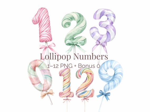 ペロペロキャンディの数字クリップアート｜パステルカラーの水彩キャンディ数字 0-12｜子どもの誕生日や月齢カード素材に
