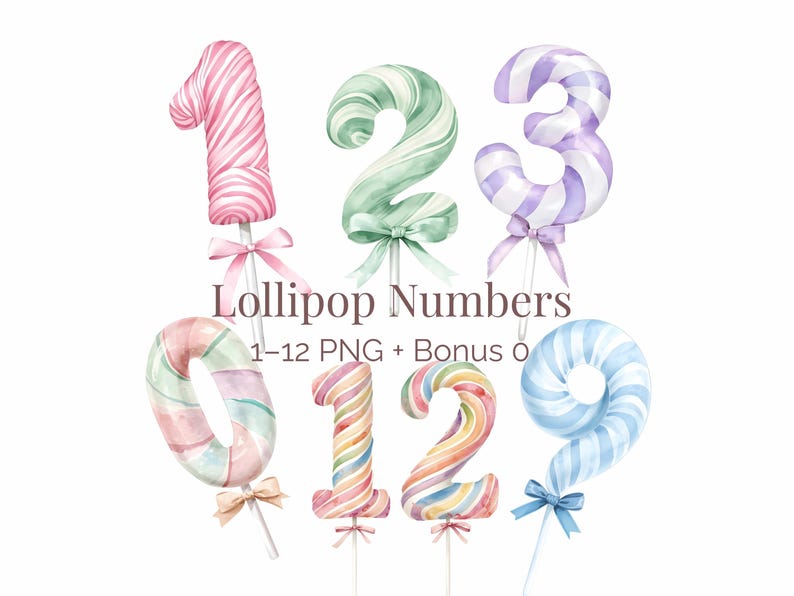 May include: A collection of watercolor-style lollipop numbers featuring pastel-colored swirls and small bows at the base of each stick. The text reads Lollipop Numbers 1-12 PNG + Bonus 0. The numbers are rendered in pink, green, purple, blue, and rainbow.