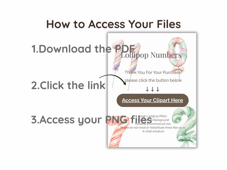 May include: An instructional graphic titled How to Access Your Files with three numbered steps. It features pastel-colored lollipop-shaped numbers and a brown button labeled Access Your Clipart Here, with text detailing file specifications and copyright.