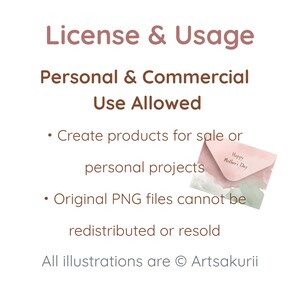 May include: A graphic with text about license and usage rights. The text includes "Personal & Commercial Use Allowed" and details about creating products for sale and personal projects. A small pink envelope with "Happy Mother's Day" is shown.