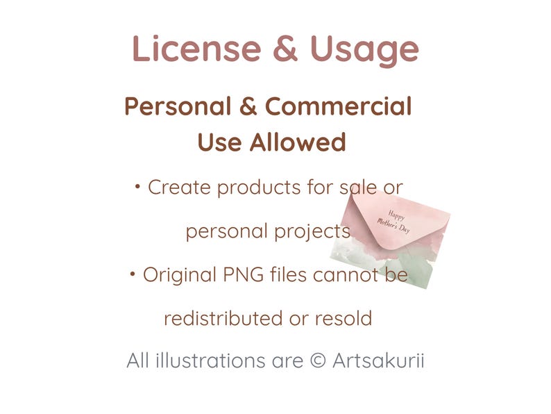 May include: A graphic with text about license and usage rights. The text includes "Personal & Commercial Use Allowed" and details about creating products for sale and personal projects. A small pink envelope with "Happy Mother's Day" is shown.