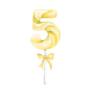 May include: A number five shaped lollipop with a yellow and white swirled pattern. The lollipop is attached to a thin white stick and features a small, decorative yellow ribbon bow tied around the stick just below the number.