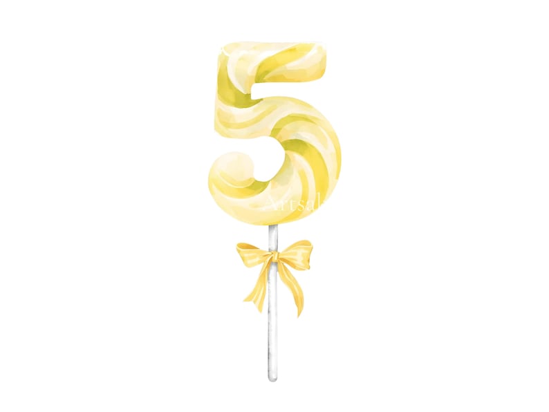 May include: A number five shaped lollipop with a yellow and white swirled pattern. The lollipop is attached to a thin white stick and features a small, decorative yellow ribbon bow tied around the stick just below the number.